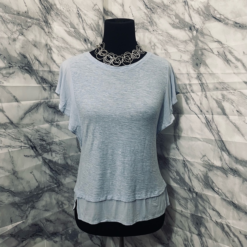 Vince Camuto Blue Relaxed Blouse with Crew Neck and Cap Sleeves